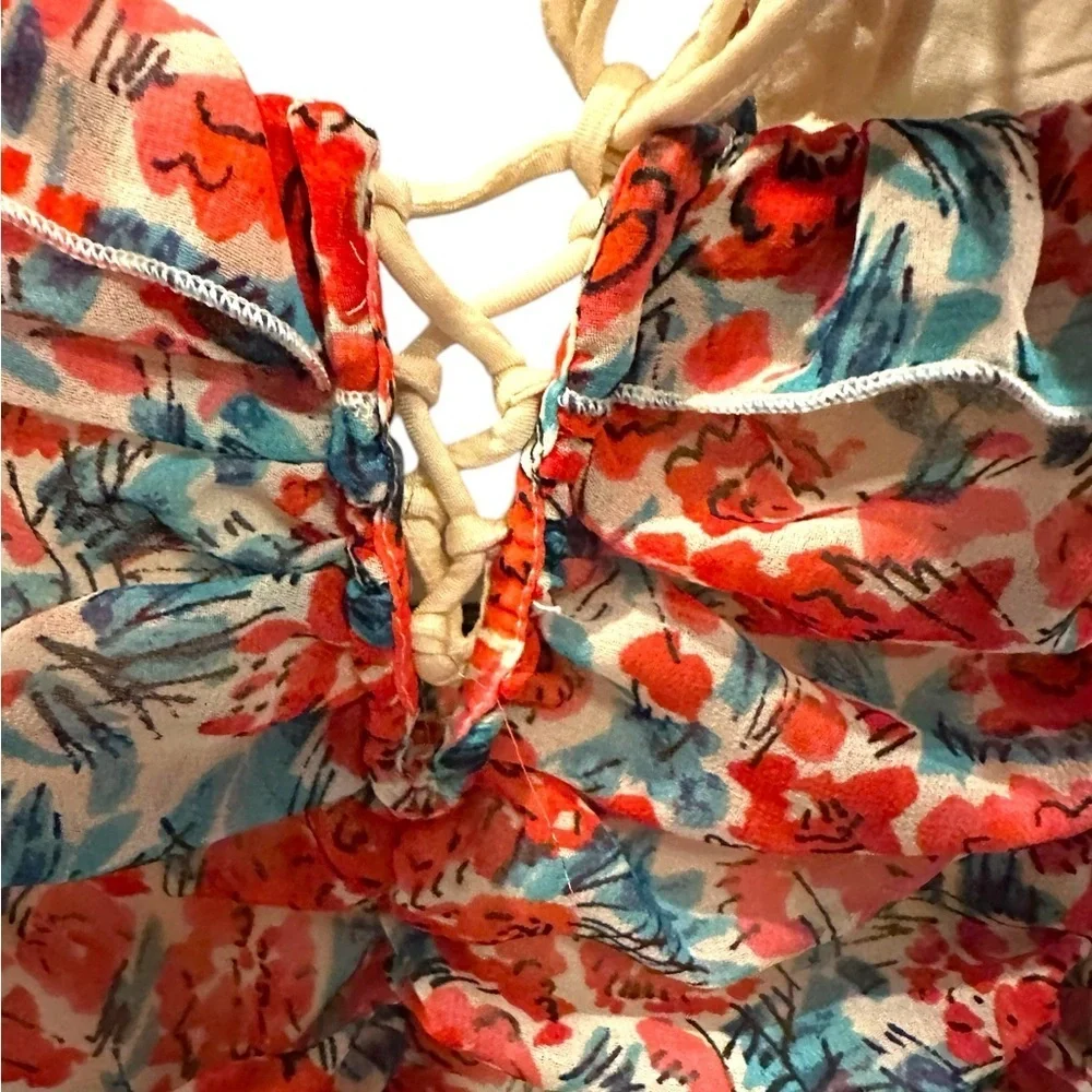Free‎ People Mabel Printed Rose Combo Open Back Lace Up Blouse Sz L